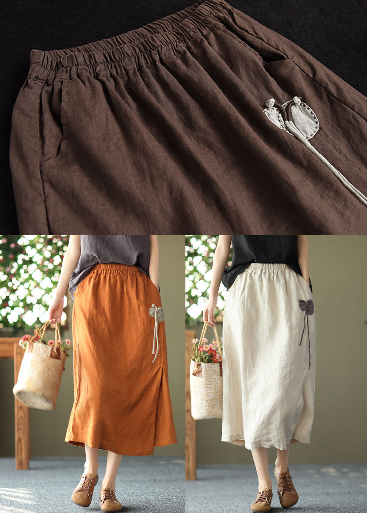 Vintage Chocolate Elastic Waist Side Open Linen A Line Skirts Summer