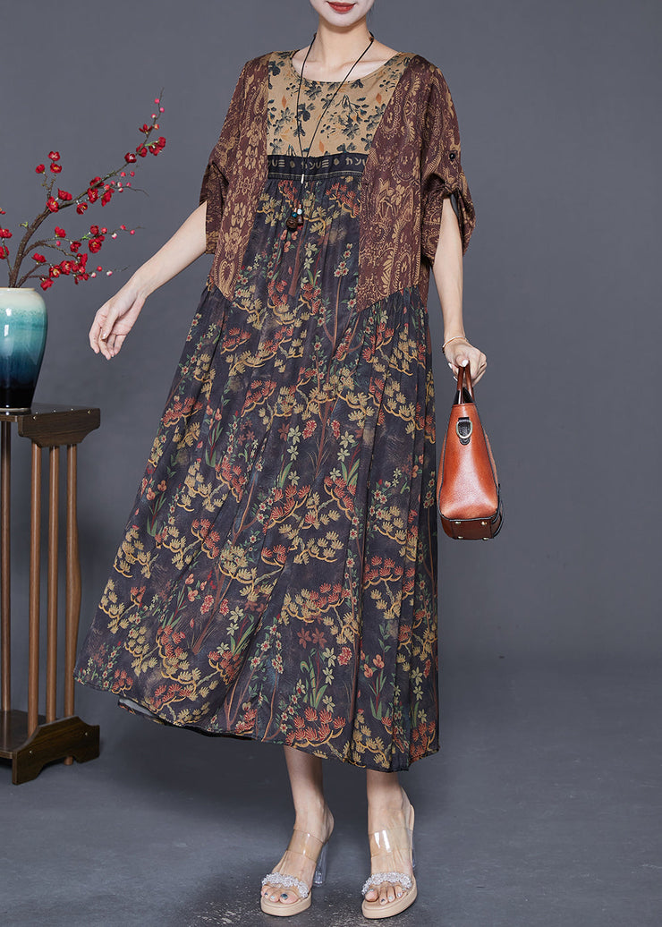 Vintage Coffee Oversized Patchwork Print Silk Dress Summer