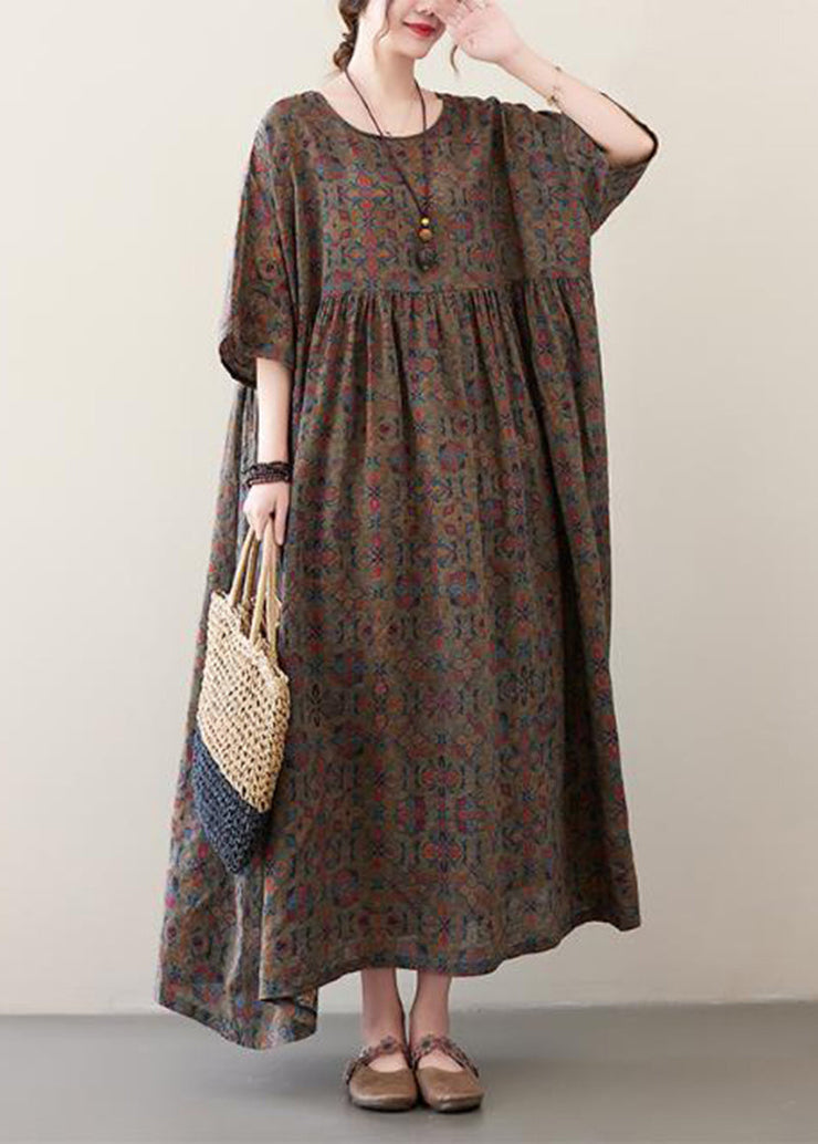 Vintage Coffee Oversized Print Exra Large Hem Cotton Dress Summer