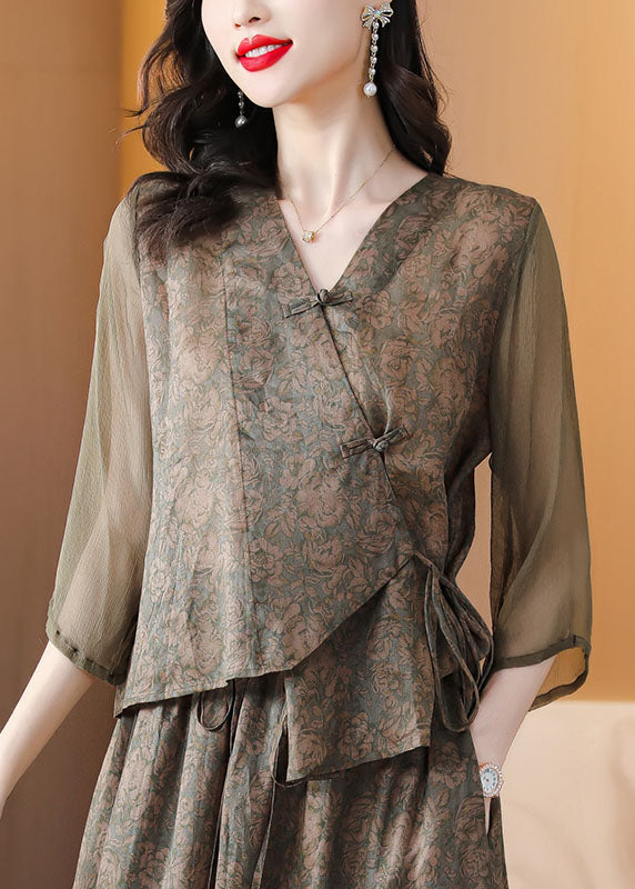 Vintage Coffee Print Chinese Button Lace Up Patchwork Linen Top Summer