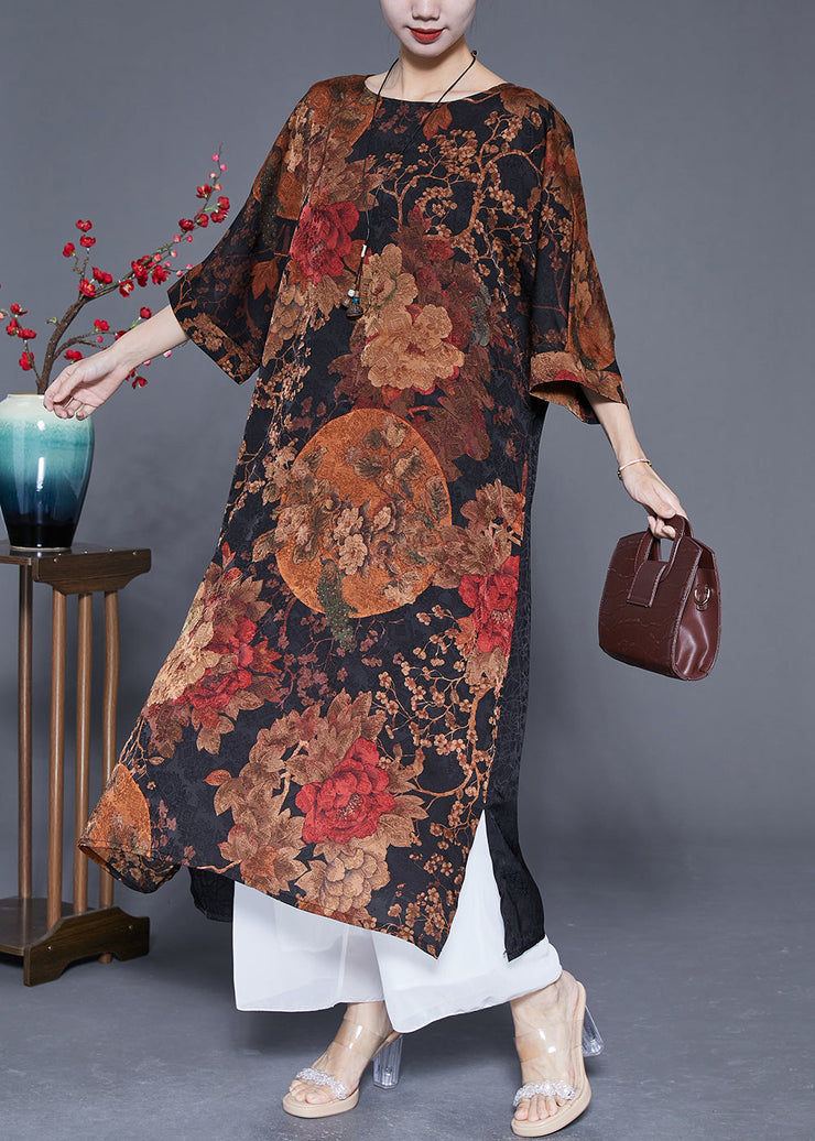 Vintage Coffee Print Patchwork Chinese Button Silk Vacation Dresses Summer