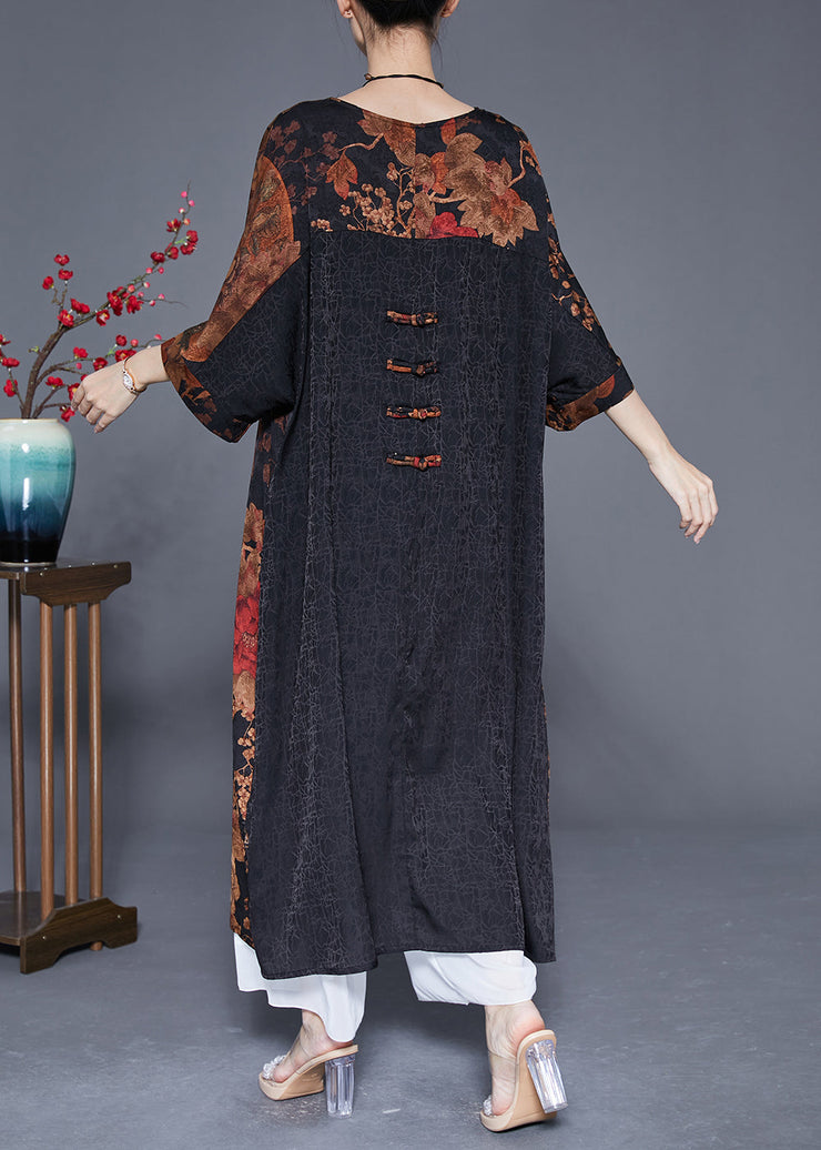 Vintage Coffee Print Patchwork Chinese Button Silk Vacation Dresses Summer