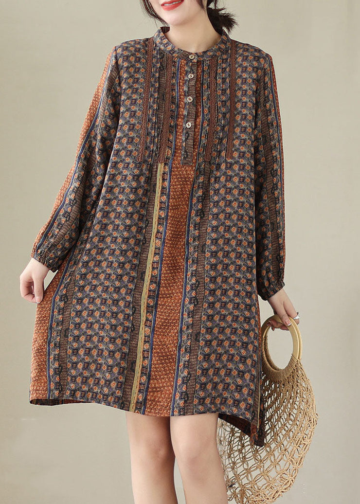 Vintage Coffee Print Patchwork Cotton Mid Shirts Dresses Spring