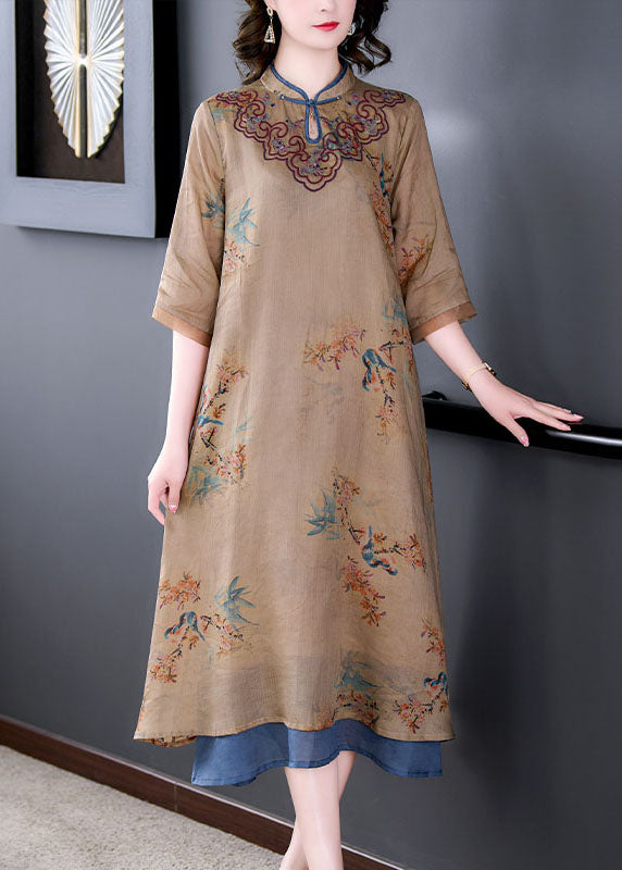 Vintage Coffee Stand Collar Embroideried Patchwork Linen Long Dresses Summer