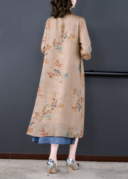 Vintage Coffee Stand Collar Embroideried Patchwork Linen Long Dresses Summer