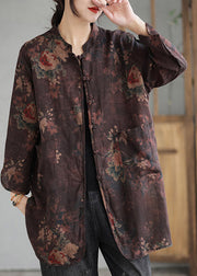 Vintage Coffee Stand Collar Print Button Linen Coat Long Sleeve