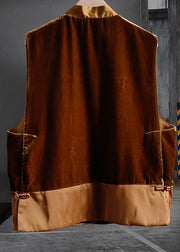 Vintage Chocolate Tasseled Patchwork Chinese Button Silk Velour Vest Sleeveless