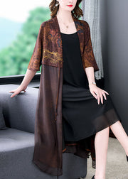 Vintage Coffee Tasseled Print Patchwork Silk Cardigan Summer