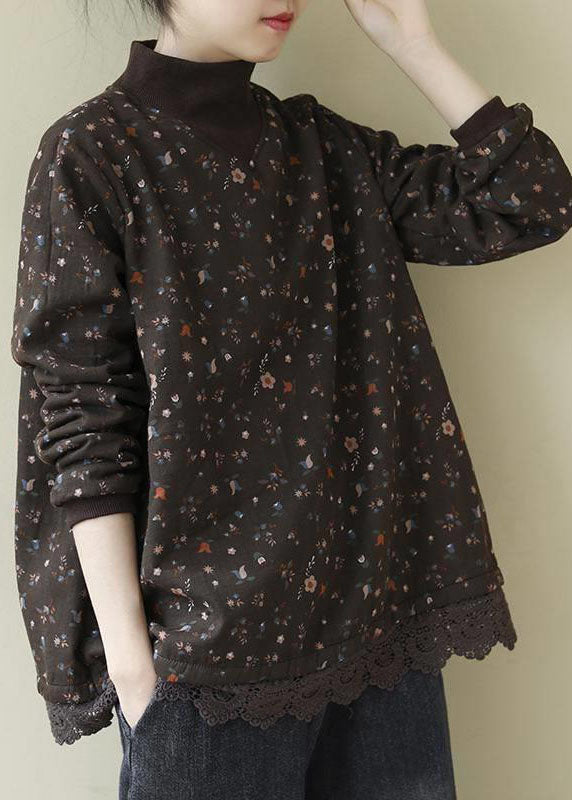 Vintage Coffee Turtleneck Print Lace Patchwork Fleece Sweatshirts Long Sleeve