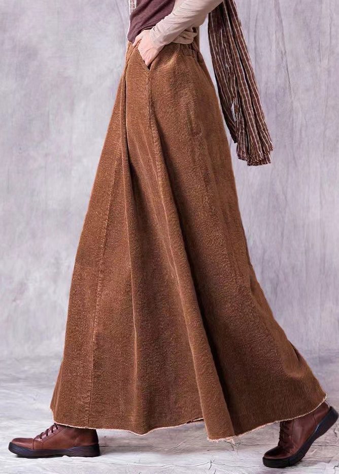 Vintage Coffee Wrinkled Pockets Corduroy Maxi Skirt Spring