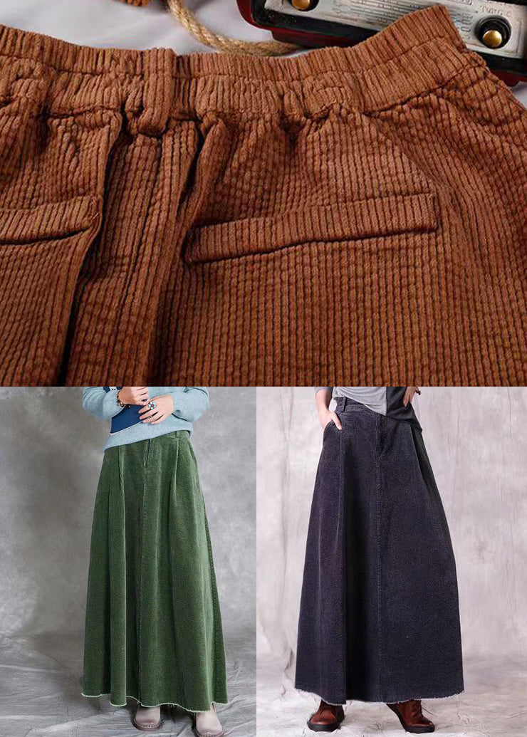 Vintage Coffee Wrinkled Pockets Corduroy Maxi Skirt Spring