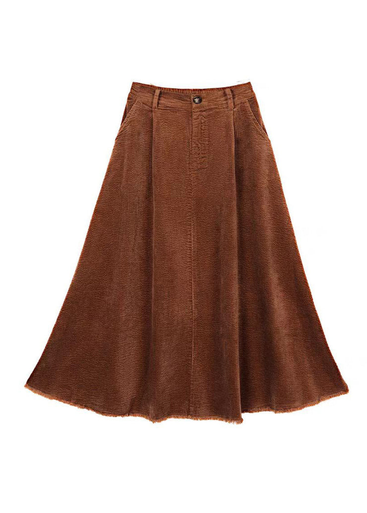 Vintage Coffee Wrinkled Pockets Corduroy Maxi Skirt Spring