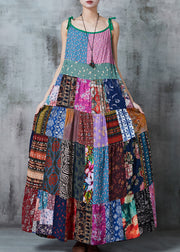 Vintage Color Block Patchwork Exra Large Hem Cotton Spaghetti Strap Dress Summer