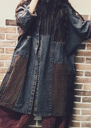 Vintage Colorblock Button Pockets Denim Patchwork Coat Fall