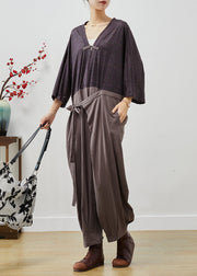 Vintage Colorblock Chinese Button Patchwork Lace Up Linen Jumpsuits Fall