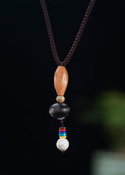 Vintage Colorblock Hand Knitting Agate Walnut Wenge Bodhi Pendant Necklace