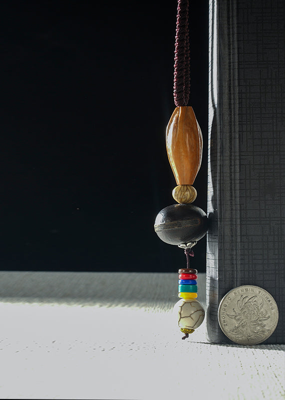 Vintage Colorblock Hand Knitting Agate Walnut Wenge Bodhi Pendant Necklace