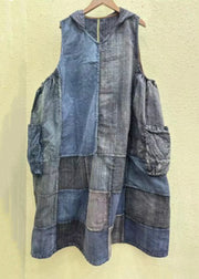 Vintage Colorblock Hooded Pockets Cotton Waistcoat Sleeveless