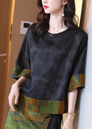 Vintage Colorblock O Neck Jacquard Patchwork Silk Top Summer