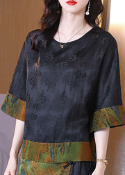 Vintage Colorblock O Neck Jacquard Patchwork Silk Top Summer