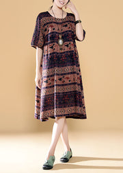 Vintage Colorblock O Neck Print Patchwork Linen Dress Summer