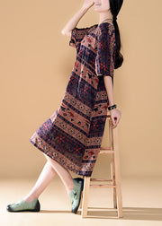 Vintage Colorblock O Neck Print Patchwork Linen Dress Summer