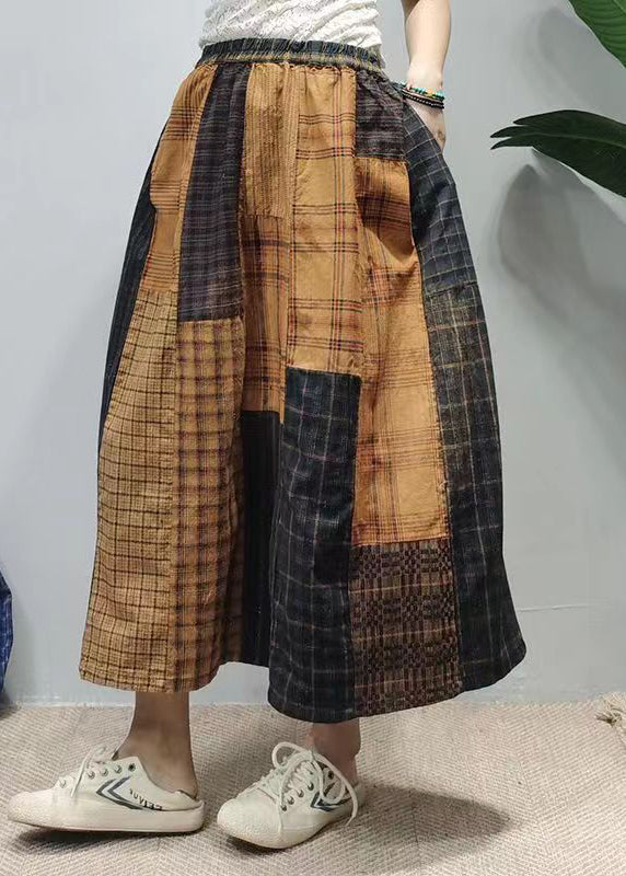 Vintage Colorblock Oversized Patchwork Plaid Linen A Line Skirts Summer