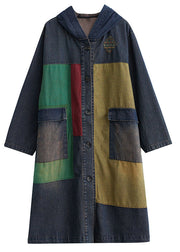 Vintage Colorblock Patchwork Button Hooded Denim Trench Coat Long Sleeve