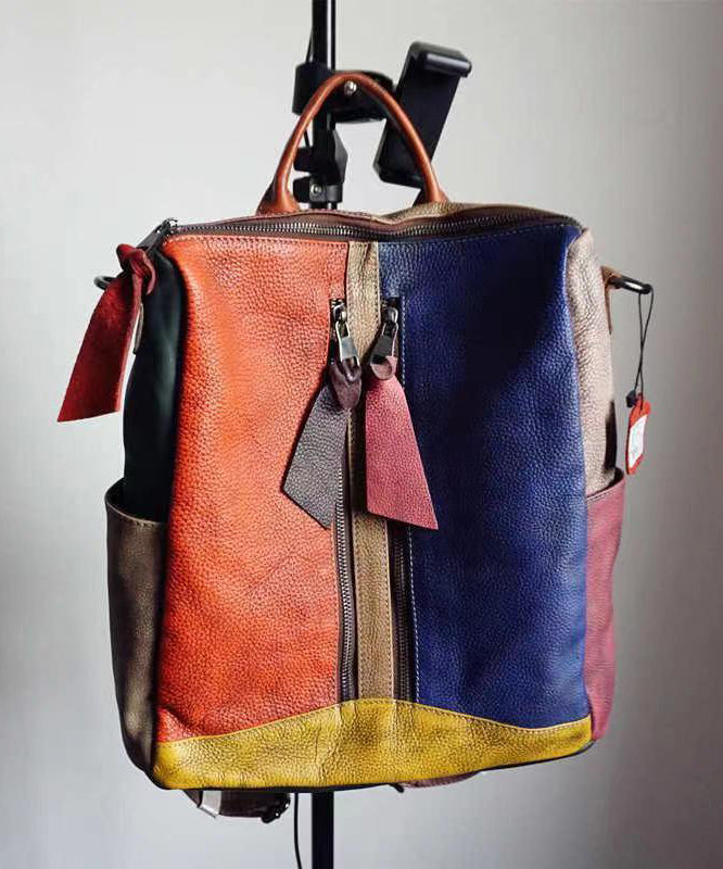 Vintage Colorblock Patchwork Calf Leather Backpack