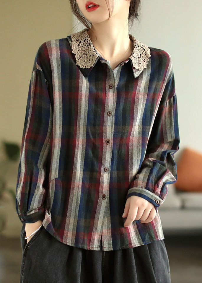 Vintage Colorblock Plaid Lace Patchwork Cotton Shirts Spring