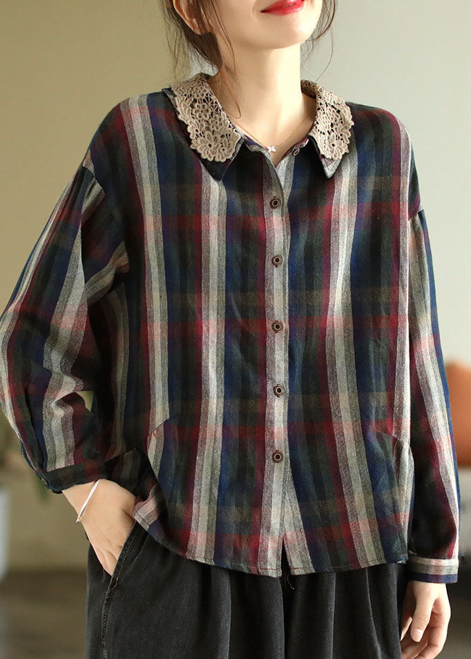 Vintage Colorblock Plaid Lace Patchwork Cotton Shirts Spring