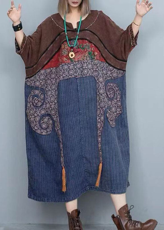 Vintage Colorblock Print Patchwork Denim Maxi Dresses Long Sleeve