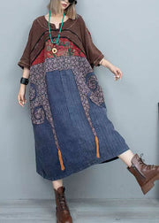 Vintage Colorblock Print Patchwork Denim Maxi Dresses Long Sleeve