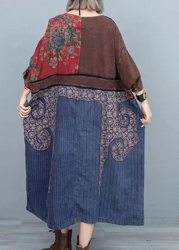 Vintage Colorblock Print Patchwork Denim Maxi Dresses Long Sleeve