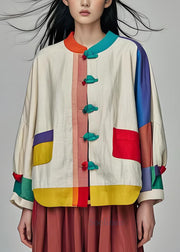 Vintage Colorblock Stand Collar Button Patchwork Cotton Coats Long Sleeve