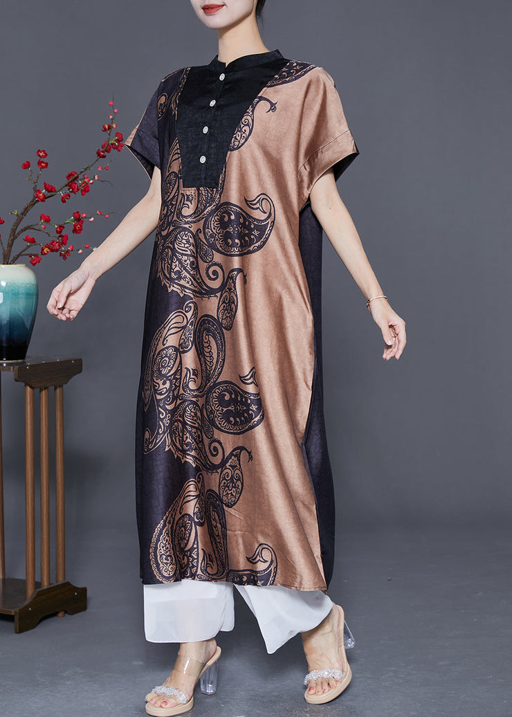 Vintage Colorblock Stand Collar Print Silk Long Dresses Summer