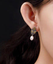 Vintage Colorblock Sterling Silver Pearl Leaf Drop Earrings
