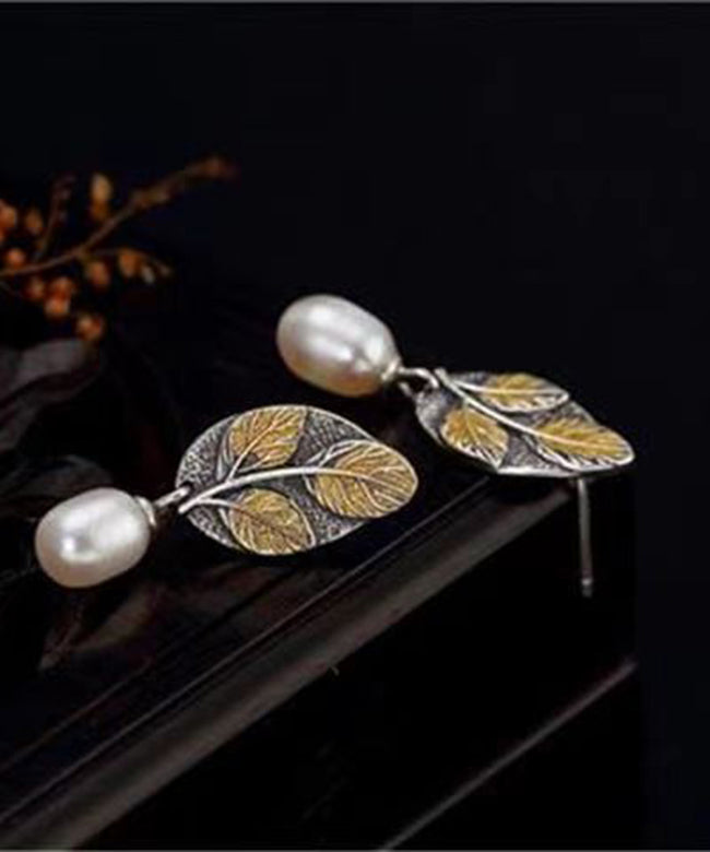 Vintage Colorblock Sterling Silver Pearl Leaf Drop Earrings