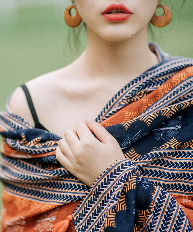 Vintage Colorblock Tasseled Print Cotton Scarf