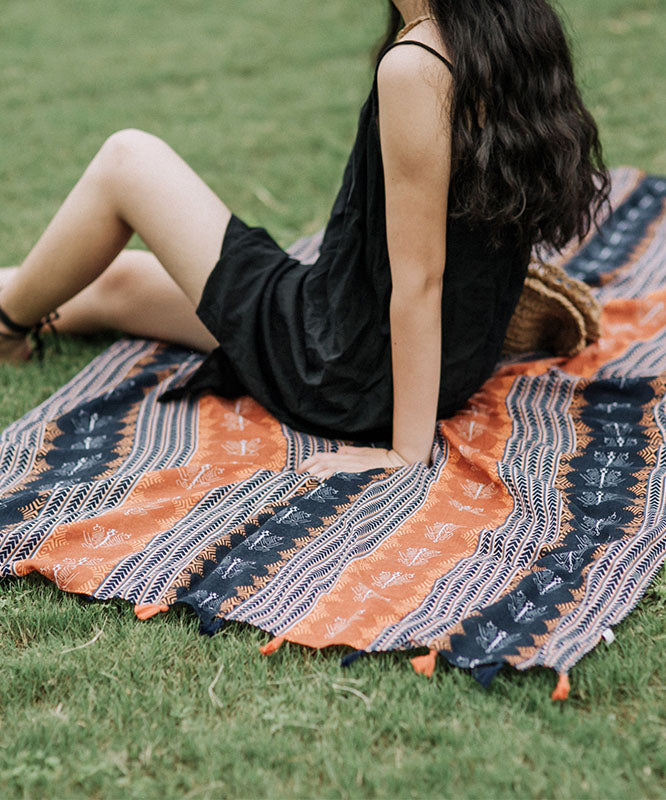 Vintage Colorblock Tasseled Print Cotton Scarf