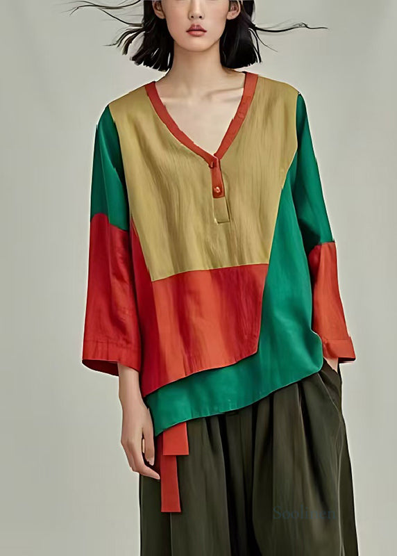 Vintage Colorblock V Neck Patchwork Cotton Shirt Top Spring