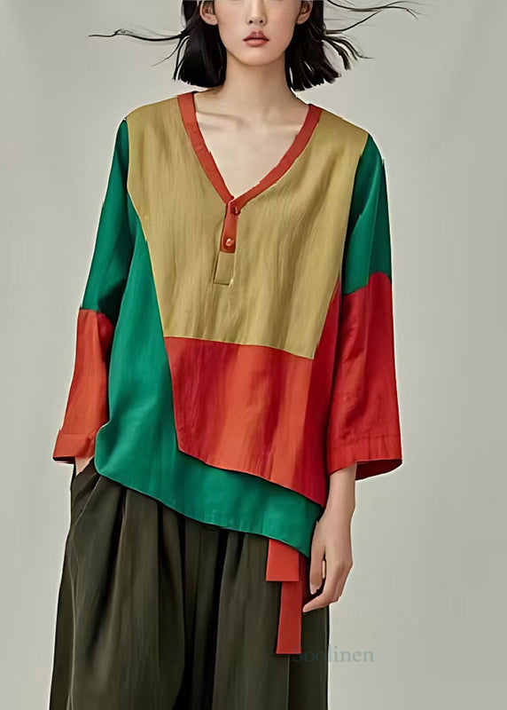 Vintage Colorblock V Neck Patchwork Cotton Shirt Top Spring