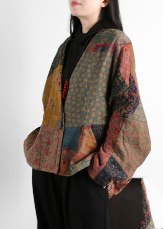 Vintage Colorblock V Neck Patchwork Print Fine Cotton Filled Coats Batwing Sleeve