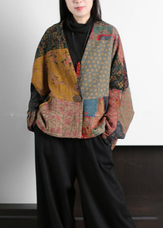 Vintage Colorblock V Neck Patchwork Print Fine Cotton Filled Coats Batwing Sleeve