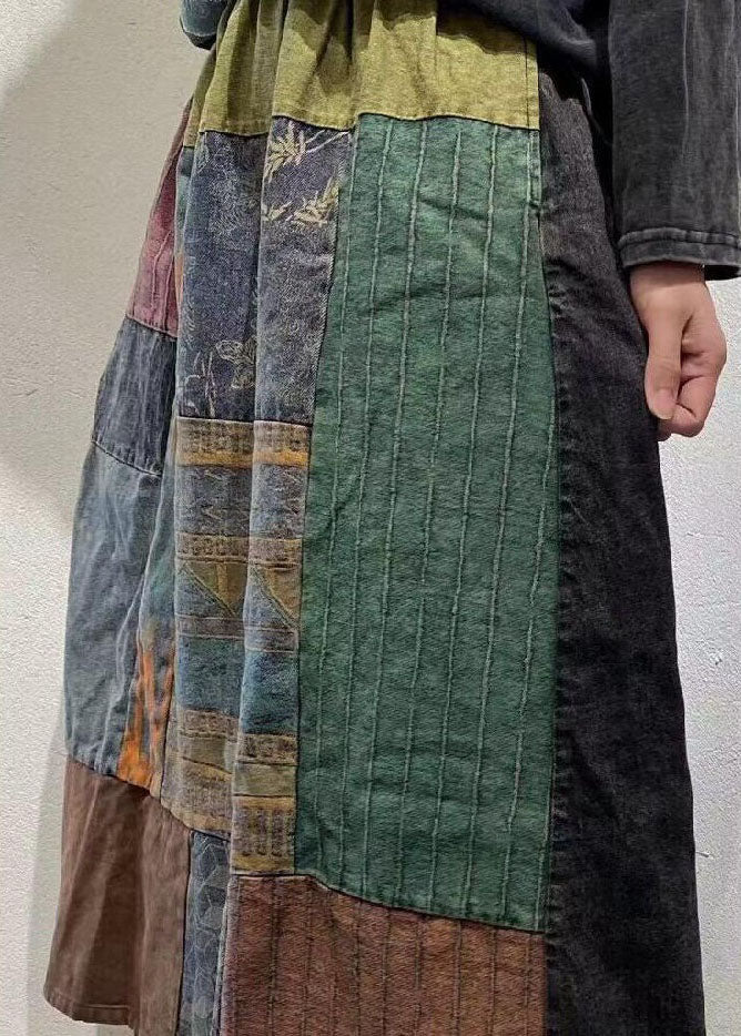 Vintage Colorblock Wrinkled Elastic Waist Patchwork Cotton Skirts Spring