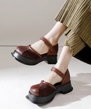 Vintage Cowhide Leather Splicing Platform Buckle Strap Loafer Shoes