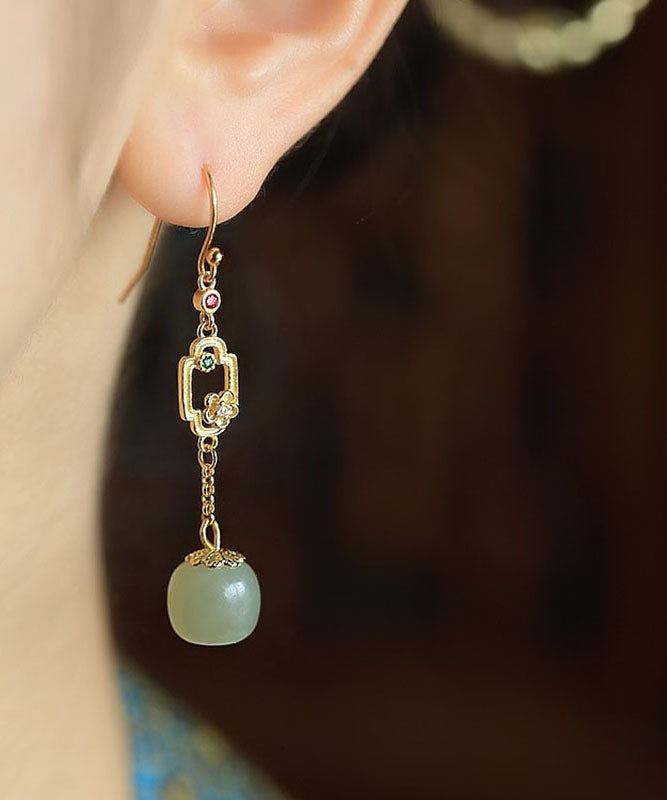 Vintage Cyan Sterling Silver Overgild Inlaid Gem Stone Jade Drop Earrings