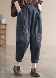 Vintage Dark Blue Elastic Waist Pockets Patchwork Applique Print Cotton Harem Pants Fall