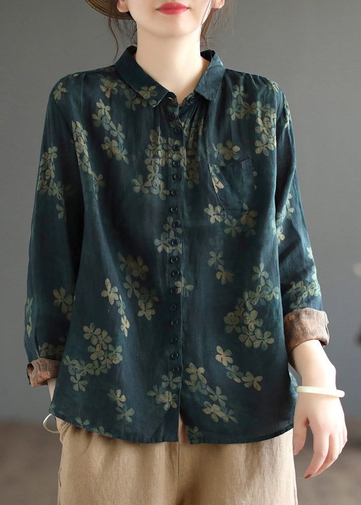 Vintage Dark Blue Peter Pan Collar Print Linen Shirt Long Sleeve