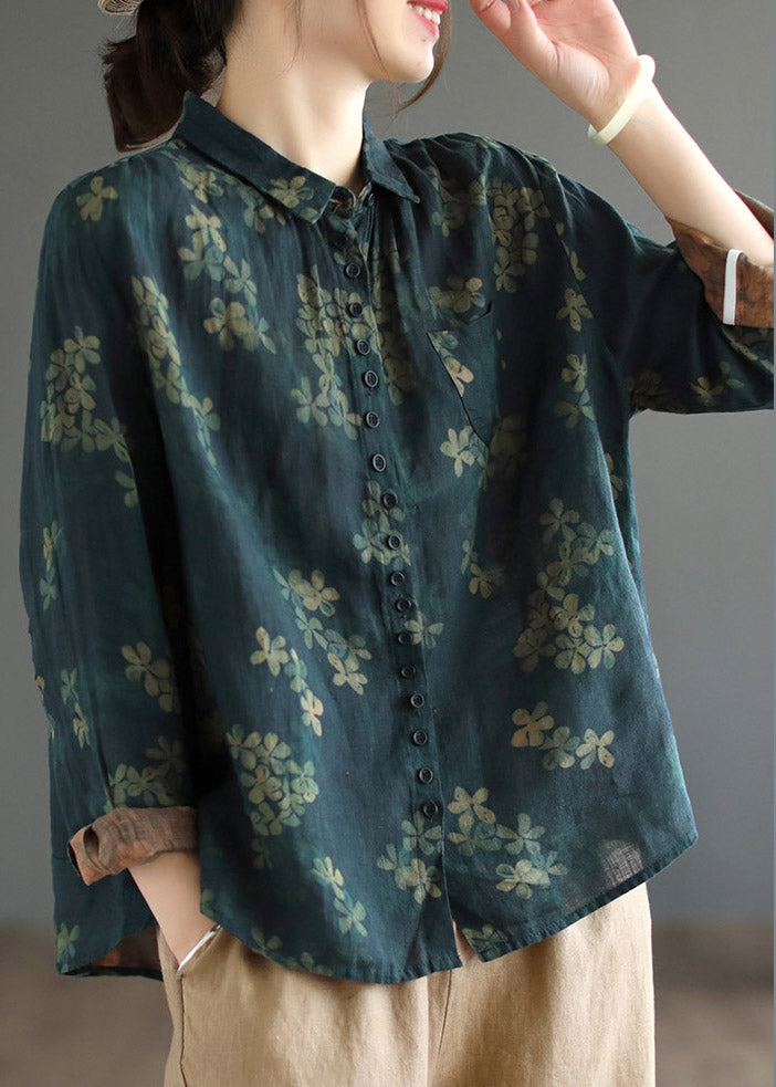 Vintage Dark Blue Peter Pan Collar Print Linen Shirt Long Sleeve